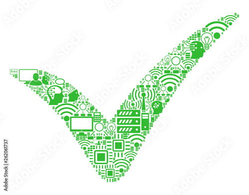 Yes collage icon designed for bigdata and computing illustrations. Vector yes mosaics are combined from computer, calculator, connections, wi-fi, network, interface elements into abstract collage.