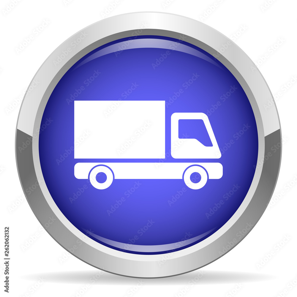 Transportation icon. Round bright blue button.