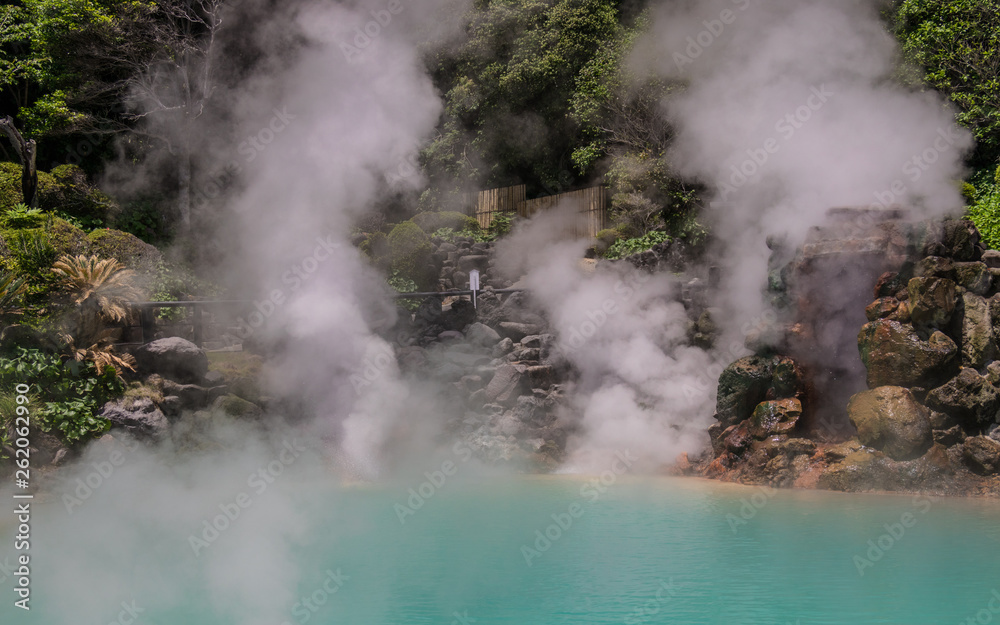Panorama of famous geothermal hot springs, called Umi Jigoku, engl. sea hell, in Beppu, Oita Prefecture, Japan, Asia.