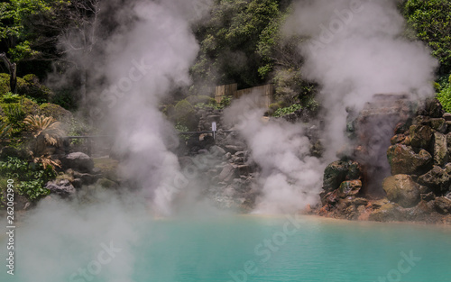 Panorama of famous geothermal hot springs, called Umi Jigoku, engl. sea hell, in Beppu, Oita Prefecture, Japan, Asia.