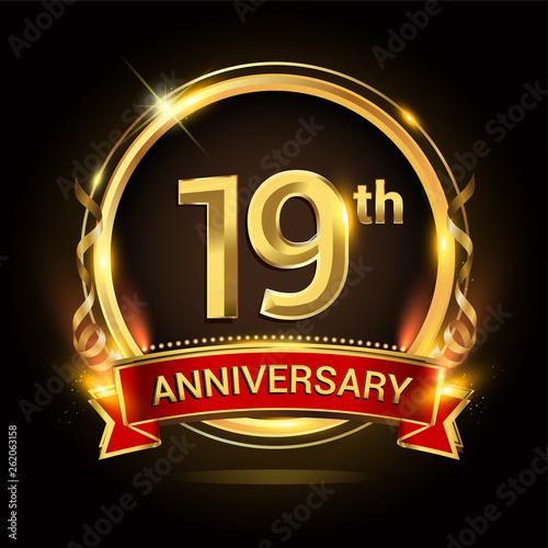 19th golden anniversary logo with ring and red ribbon, vector design.