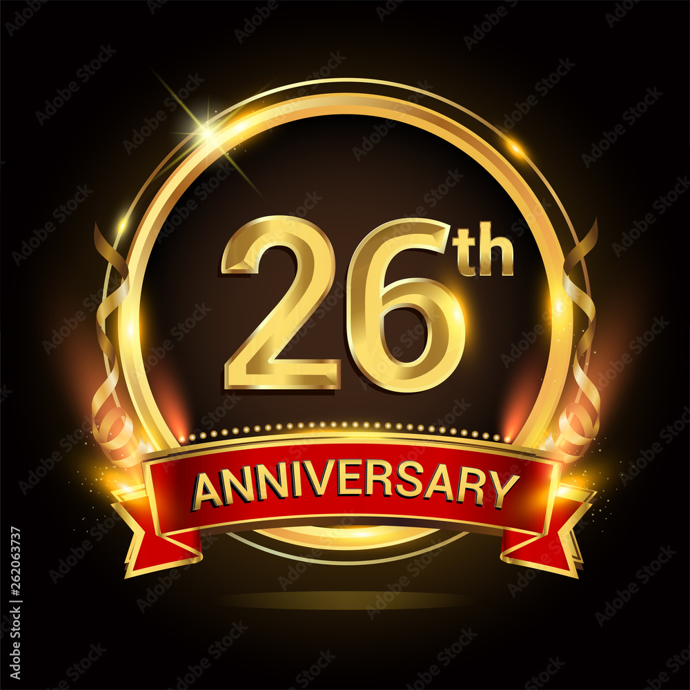 26th golden anniversary logo with ring and red ribbon, vector design. 26th golden anniversary logo with ring and red ribbon, vector design.