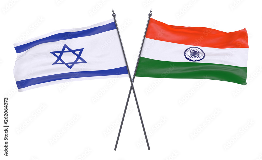Israel and India, two crossed flags isolated on white background. 3d image Israel and India, two crossed flags isolated on white background. 3d image