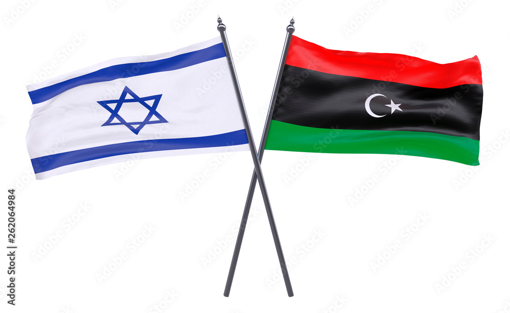 Israel and Libya, two crossed flags isolated on white background. 3d image Israel and Libya, two crossed flags isolated on white background. 3d image
