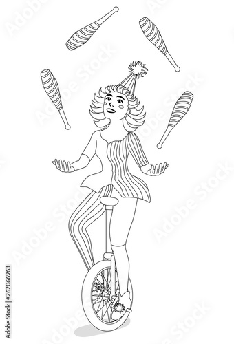 Girl juggler on a unicycle for coloring book