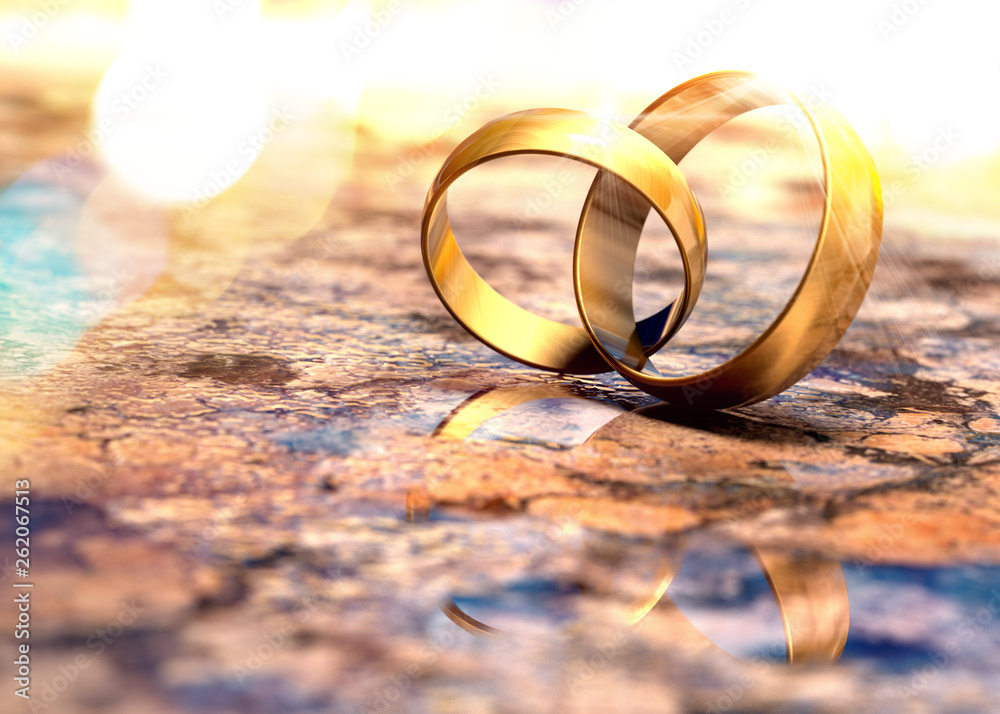 Bodegón de anillos de bodas de oro. Fondo romántico de joyas y matrimonio.  素材庫相片| Adobe Stock