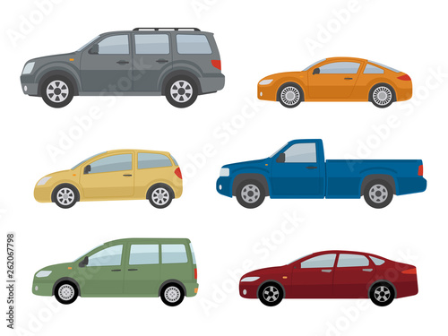 Collection of different cars. Isolated on white background. Side view. Flat style, vector illustration. 
