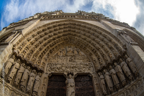 PARIS, FRANCE, APRIL 2019: Notre-Dame de Paris is a medieval Catholic cathedral on the Cite Island in Paris, France