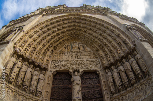 PARIS, FRANCE, APRIL 2019: Notre-Dame de Paris is a medieval Catholic cathedral on the Cite Island in Paris, France