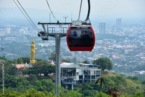 View of the sky-high cable car of Hat Yai, looking like a Buddha image and the city.