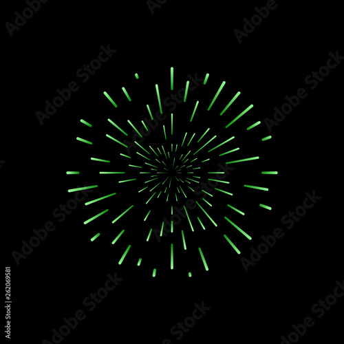 Colorful firework on black background. Festive decoration. Vector card.