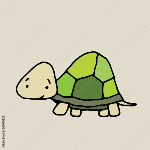 vector hand drawn doodle illustration of happy, smiling turtle,perfect as simple, cheerful template,cute card or a cartoon background with an animal theme for happy children,drawn in outline, colored