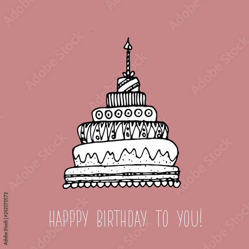 vector hand drawn illustration of  a doodle, cute and funny cake, perfect for a happy birthday card, made in black outlines on a pink background