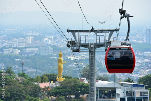 View of the sky-high cable car of Hat Yai, looking like a Buddha image and the city.