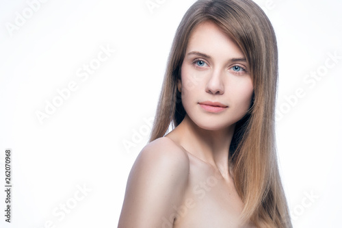 beautiful blonde female with perfect skin and blue eyes isolated