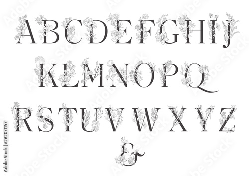 Floral botanical alphabet. Letter with plants and flowers.