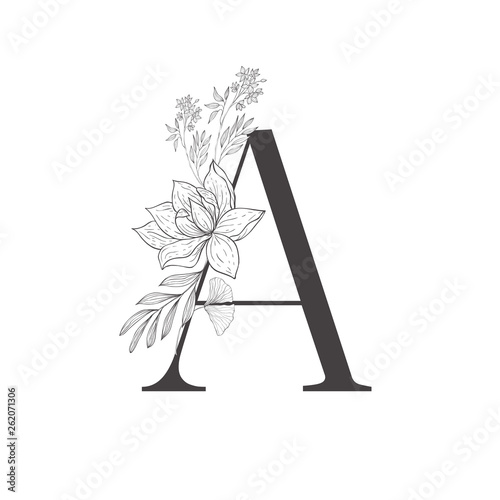 Floral botanical alphabet. Letter with plants and flowers.