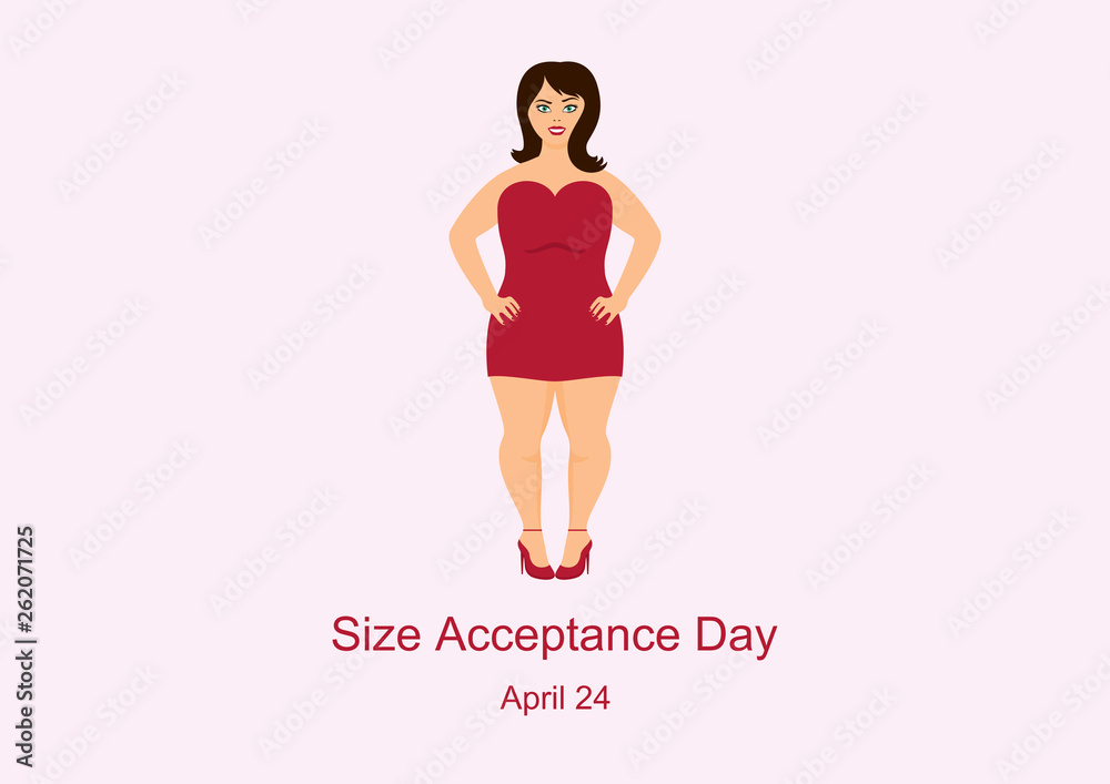 Size Acceptance Day vector. International No Diet Day. Curvy woman vector. Cheerful fat woman illustration. Happy plus size fashion model in a red dress vector. Attractive girl in high heels