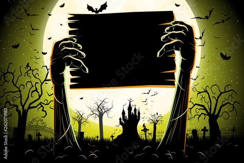 Halloween banner/ poster with hands/ bat/ cemetery photo