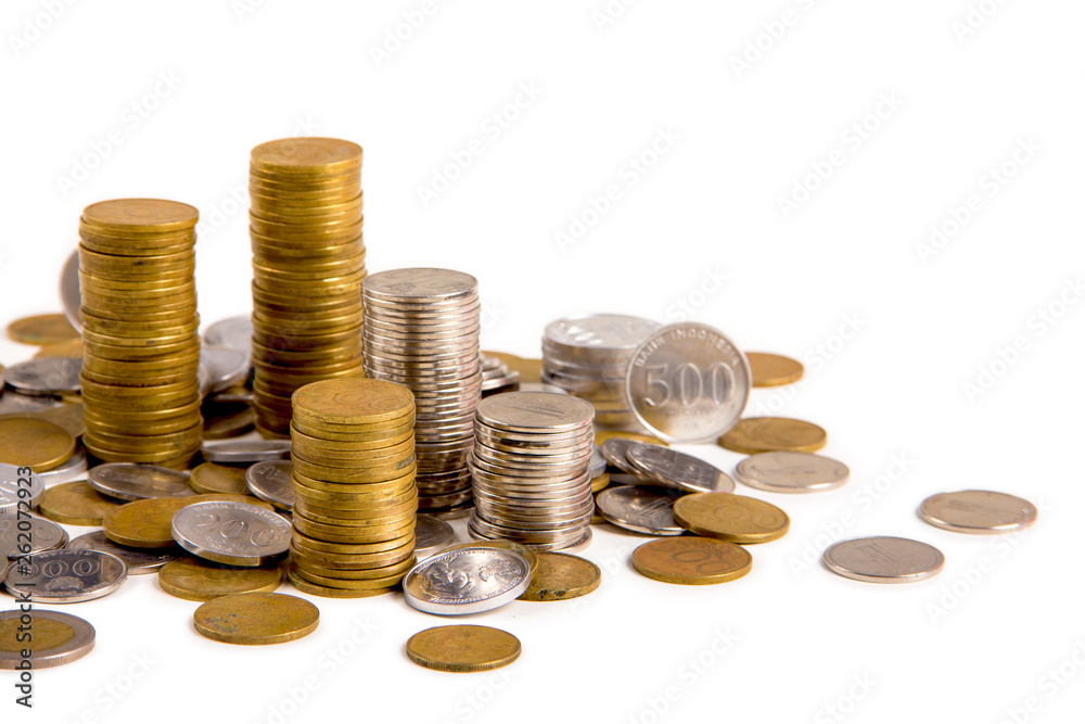 Close up of Indonesian Rupiah coins on white table