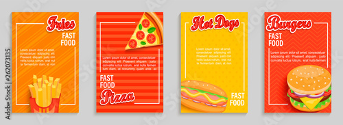 Set of fast food shop flyers,banners.Collection of fries, pizza, hot dog, burger menu pages for caffee, resaurant. Posters, cards for cafeteris truck advertise.Template for design,vector illustration.