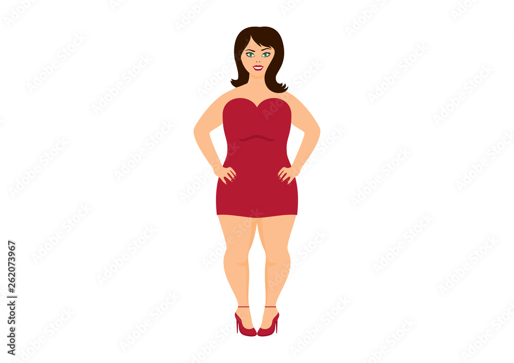 Curvy woman in red dress vector. Cheerful fat woman icon isolated on a white background. Happy plus size fashion model in a red dress vector. Attractive girl in high heels Curvy woman in red dress vector. Cheerful fat woman icon isolated on a white background. Happy plus size fashion model in a red dress vector. Attractive girl in high heels