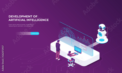 Digital technology banner. Modern template with artificial intelligence. Data analysis. Artificial intelligence in 3d style. Artificial intelligence digital brain future technology isometric