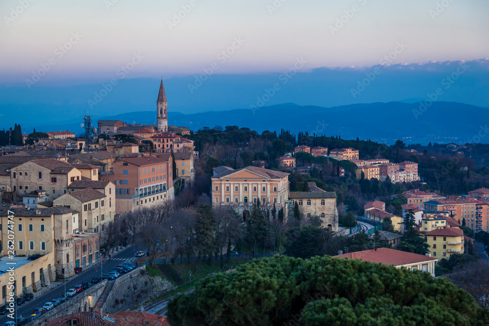 Italy, Umbria, Perugia, view of the city valley and its surrounding hills at sunset Italy, Umbria, Perugia, view of the city valley and its surrounding hills at sunset