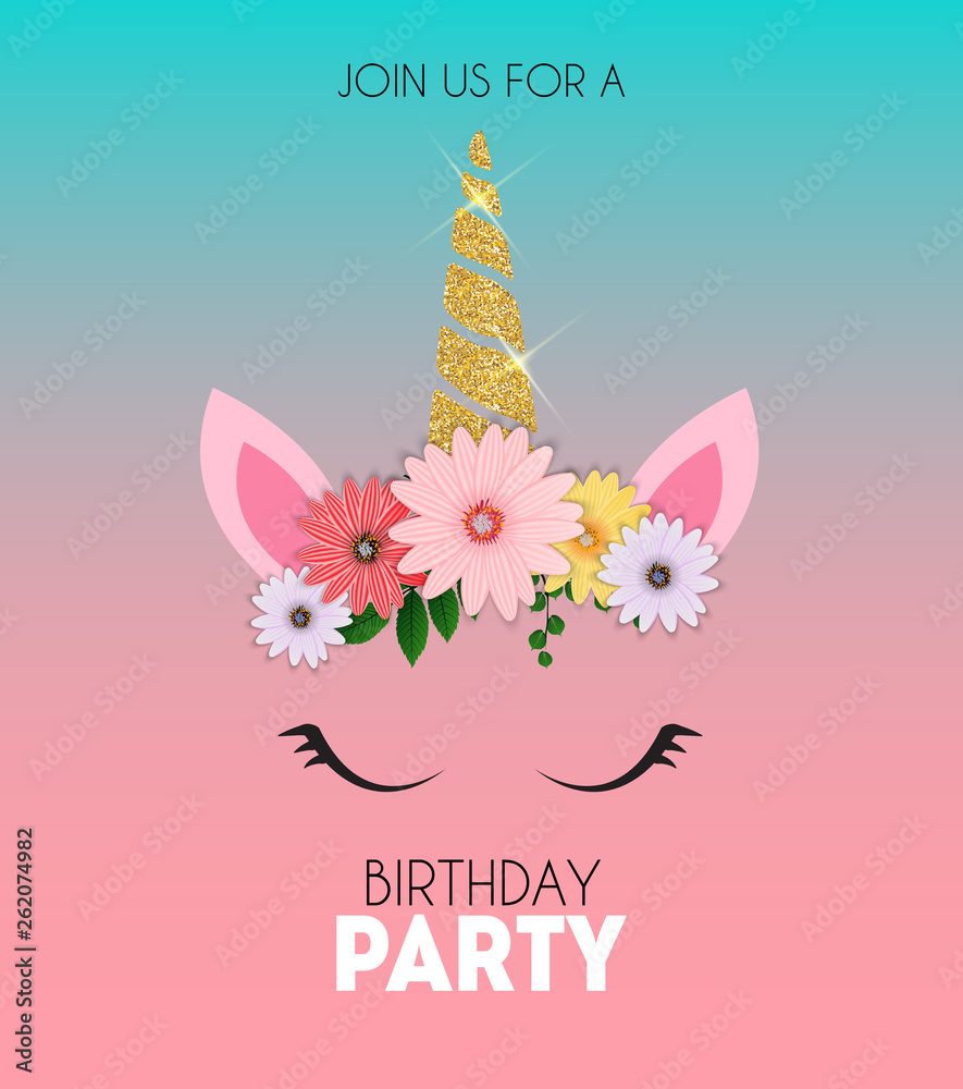 Fototapeta Birthday party invitation with cute unicorn and flower. Vector Illustration