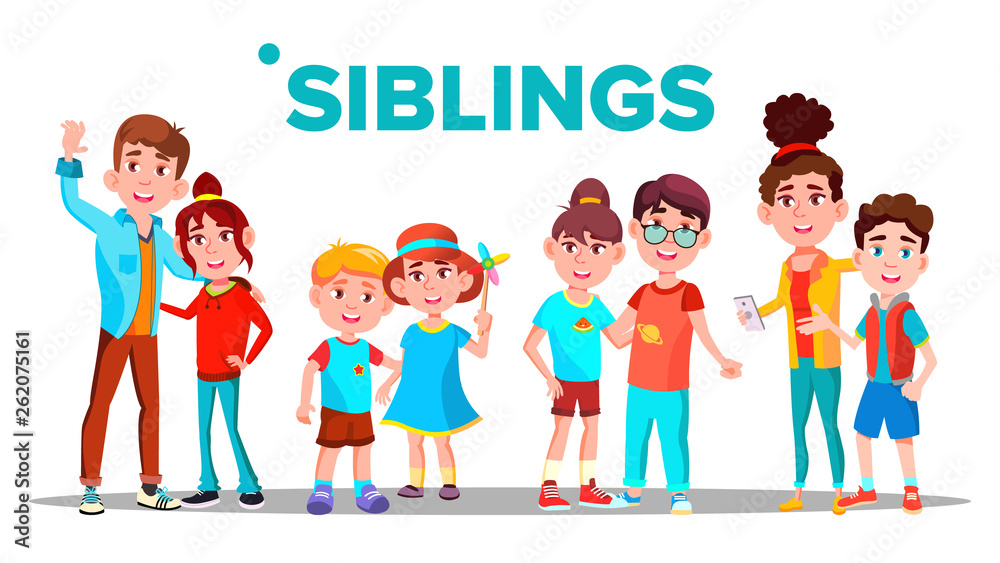 Siblings, Cheerful Brothers And Sisters Vector Banner Concept. Siblings,  Family Relationship Hand Drawn Poster. Smiling Little Children And  Teenagers Cartoon Characters. Happy Kids Flat Illustration Stock Vector |  Adobe Stock