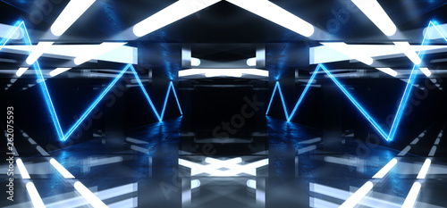 Sci Fi Reflective Dark Neon Fluorescent Psychedelic Underground Garage Tunnel Corridor Spaceship Alien Glowing Laser Blue White Shaped Chaotic Concrete 3D Rendering