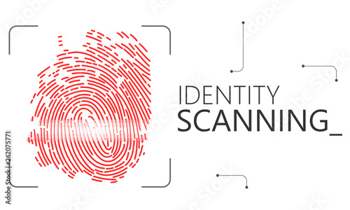 Generic red fingerprint scanned with a white beam. Abstract security control, privacy alert or passport/ID verification concept with the words 'Identity Scanning' in the right side.