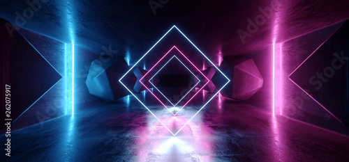 Fototapeta Naklejka Na Ścianę i Meble -  Neon Glowing Psychedelic Vibrant Cosmic Ultraviolet Fluorescent Luxurious Luminous Sci Fi Futuristic Retro  Vertical Lights Purple Blue Grunge Concrete Tunnel 3D Rendering