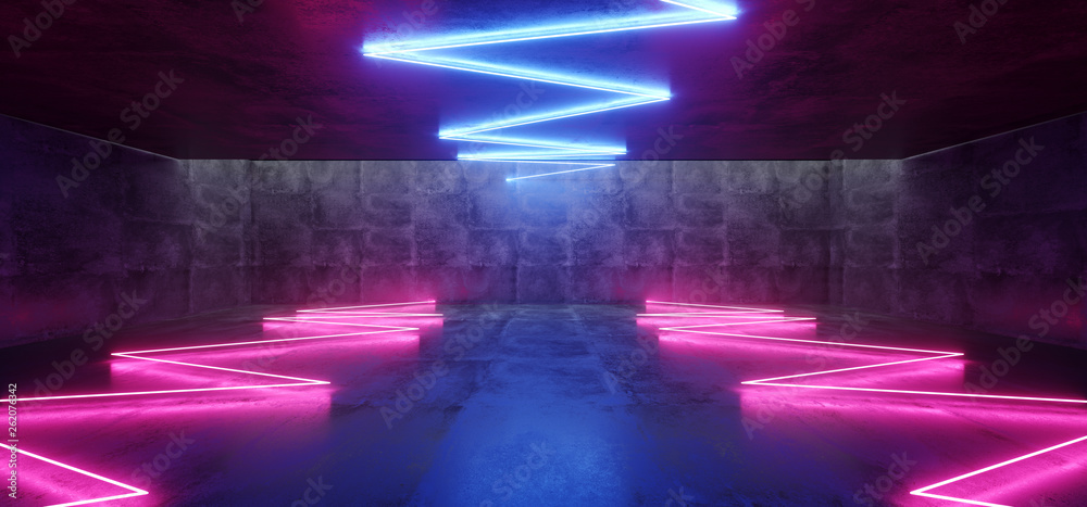 Purple Blue Fluorescent Sci Fi Neon Glowing Underground Futuristic Modern Grunge Concrete Hall Garage Underground Room Tunnel Corridor Reflections Laser Chaotic Rays 3D Rendering