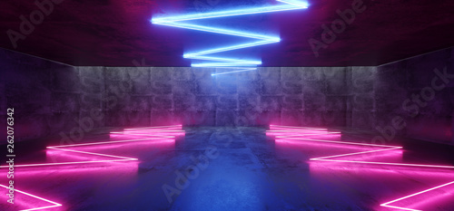 Purple Blue Fluorescent Sci Fi Neon Glowing Underground Futuristic Modern Grunge Concrete Hall Garage Underground Room Tunnel Corridor Reflections Laser Chaotic Rays 3D Rendering © IM_VISUALS