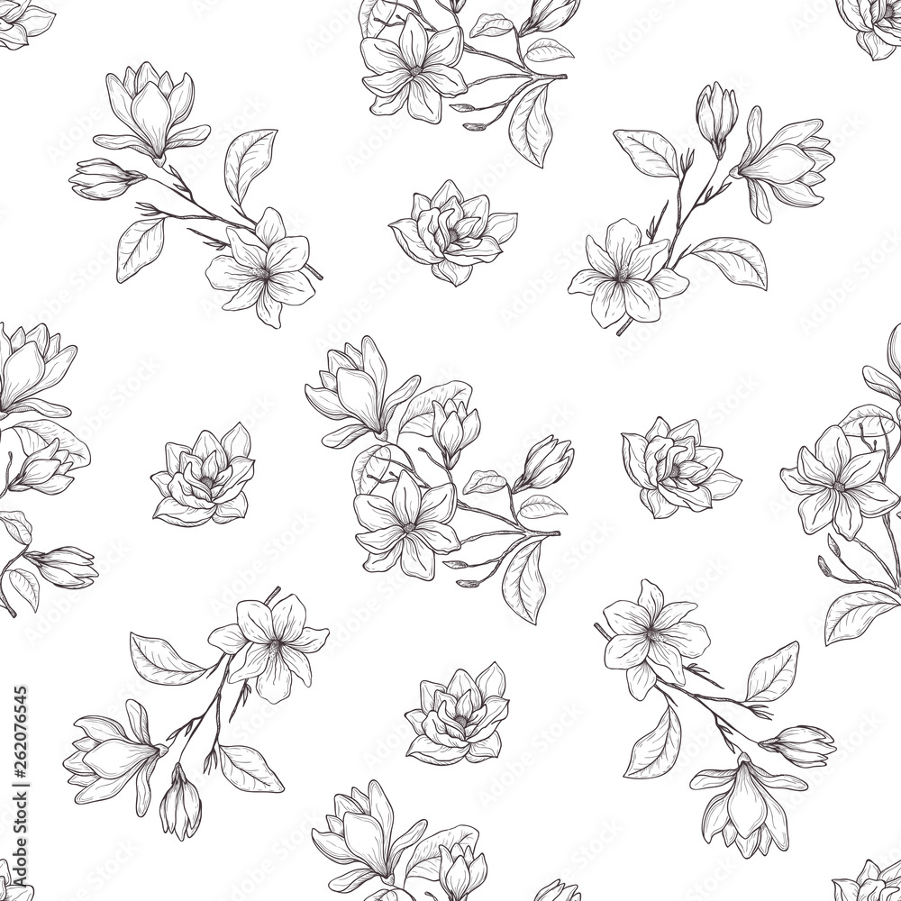 Seamless botanical line art pattern. Background with magnolia.