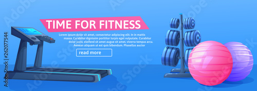 Sport background with treadmill for running and balls and. Time fo fitness banner design. 