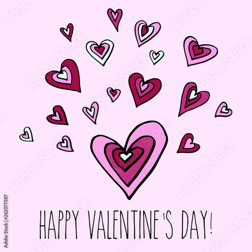 vector hand drawn happy valentine's day card with colourful collection of doodle hearts in red on pink background, perfect as a card made with love