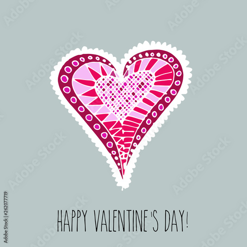 vector 'happy valentine's day' card with hand drawn colourful doodle heart, hatched in red color, on pink background, perfect as a card made with love