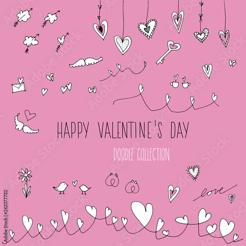 vector decorative doodle set of lovely items, such as love, heart, couple, rings, wings, flowers, perfect for a happy valentine's day, or wedding invitation or a cute pink background