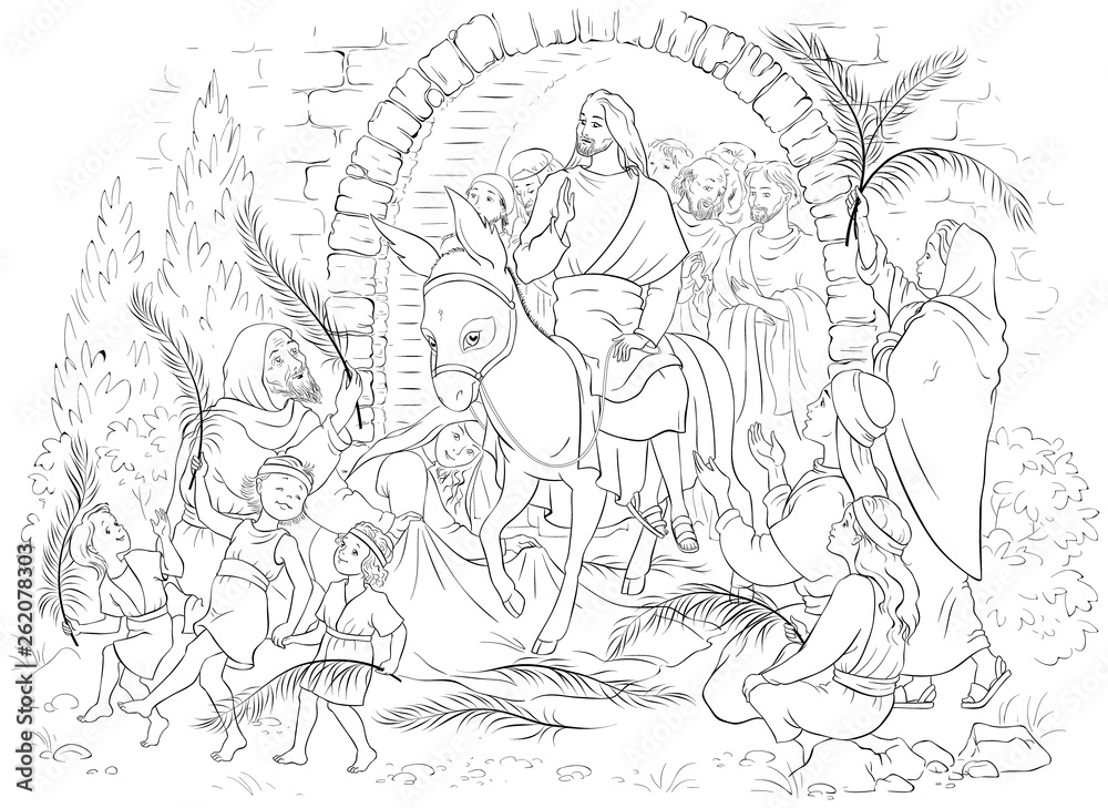 Entry of Our Lord into Jerusalem (Palm Sunday) coloring page. Jesus Christ riding a donkey. Crowds welcome him with palm fronds, spread clothes before him