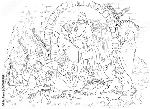 Entry of Our Lord into Jerusalem (Palm Sunday) coloring page. Jesus Christ riding a donkey. Crowds welcome him with palm fronds, spread clothes before him
