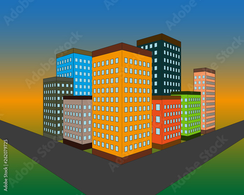 Set of vector flat style facades of panel houses. Classic blocks of flats architectural symbols and design elements. Collection for product promotion and advertising isolated on colored background