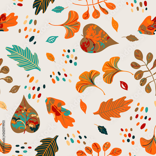 Vector seamless watercolor pattern with fall colorful leaves