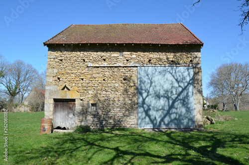 Tree shadow and barn stand up in the spring sunshine