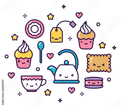 Kawaii tea party items pastel cute isolated