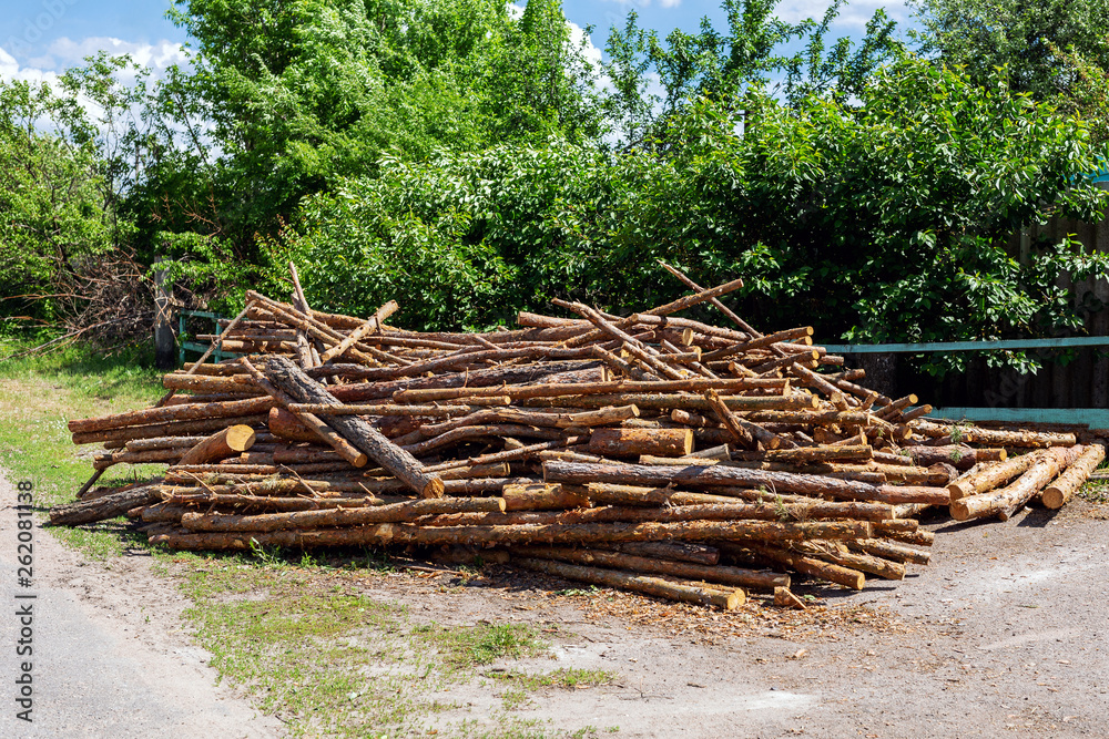 Big chaotic heap of pine wooden logs stocked near rural road at country village. Hardwood preparation and storage for future winter