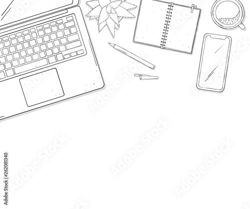 Laptop, phone, Cup of coffee, a notebook and a flower on desktop the top view. Colorless vector illustration in sketch style. Template. Mock up.