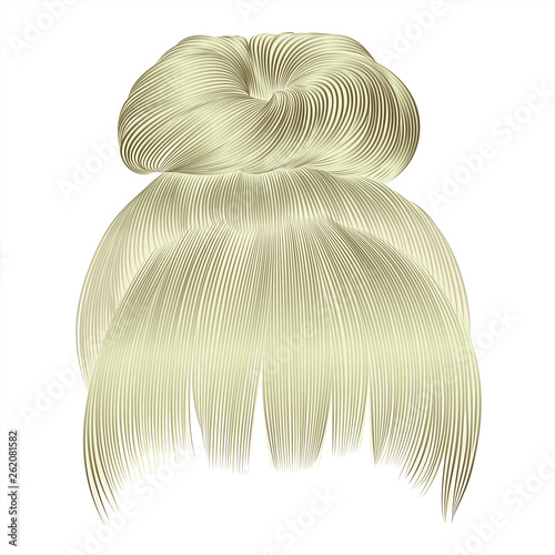 bun  hairs with fringe  blond colors . women fashion beauty style .