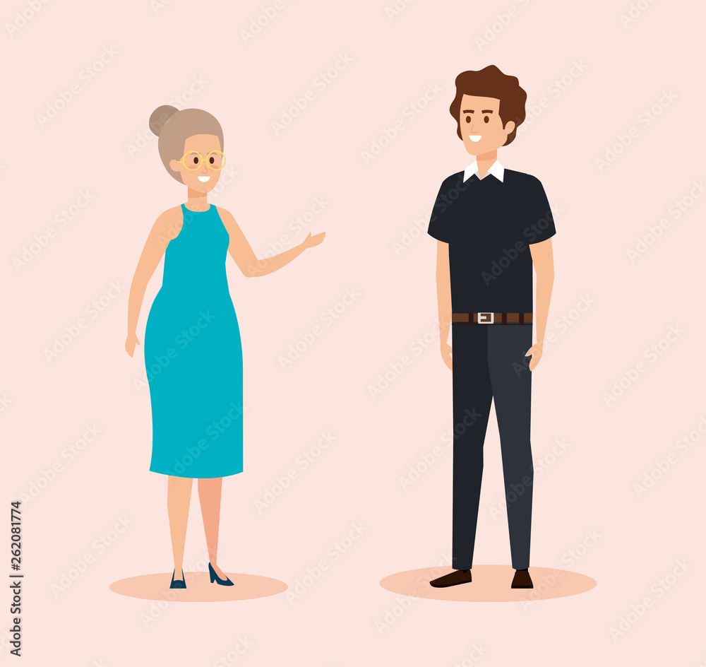 woman wearing elegant dress and man with hairstyle woman wearing elegant dress and man with hairstyle